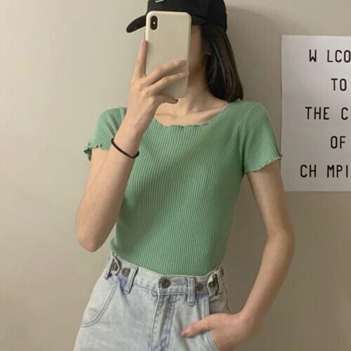 Women Summer Ruffles Tshirt Fashion O-Neck Solid Short Sleeve Knitted Tee Top Girl Slim Pullover T-Shirt 7 Colors