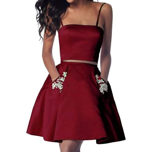 Women Two Pieces Satin Homecoming Dresses Spaghetti Strap Top and Crystal Pockets Mini Dresss Prom Party Set Clothing