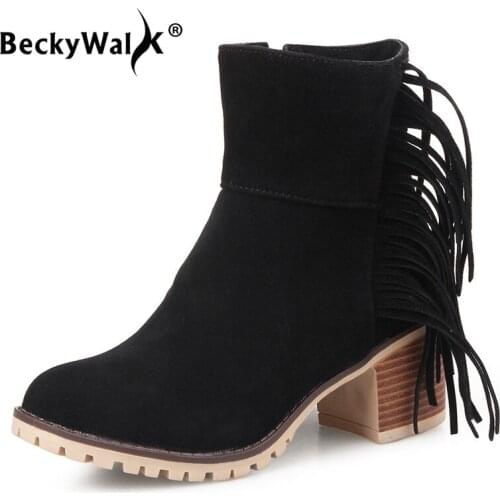 Women Ankle Short Boots Tassels Round Toe Botas Mujer Thick Heels Women Shoes Suede Leather Winter Female Boots WSH3742