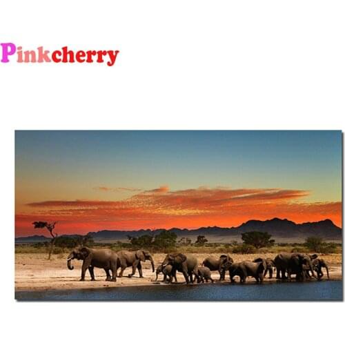 5D round Diamond Embroidery Modern animal art, African plain elephant at sunset Picture Of Diamond Painting Mosaic Handmade P23