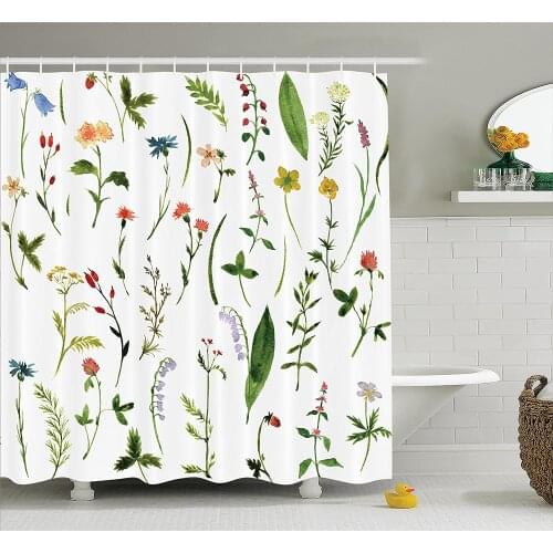 Watercolor Flower Shower Curtain Set of Different Kind of Flowers and Herbs Weeds Plants Petite Nature Element Bath Curtains