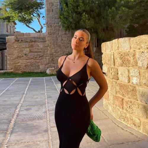 Hollow Out Dress Spaghetti Strap Solid Black Maxi Long Dresses Women Clothes Sexy Elegant Prom Birthday Robe Basic Party Dresses