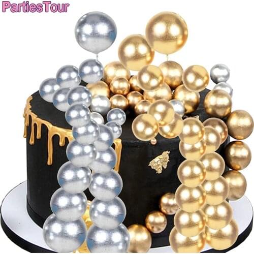 Gold Silver Balls Cake Topper Foam Ball Cupcake Faux Pearl Ball DIY Cake Insert Topper Baking Decor Brithday Wedding Cake Decors
