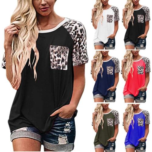 Summer Women Ladies Short Sleeve T-Shirts Leopard Printing Stitching O-Neck Large Size Tees Female Casual Sports Street Clothes