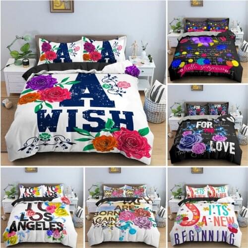 Beautiful Flowers Graphic Pattern Duvet Cover Bedding Set English Letters Quilt Cover King Queen Twin Size Bedclothes 2/3PCS