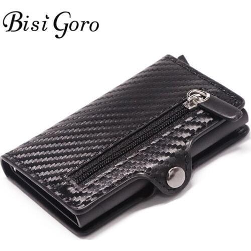 BISI GORO 2020 Fashion Purse Mens Card Wallet RFID Blocking Mini Wallet Male Card Holder Small Zipper Coin Purse Smart Wallet