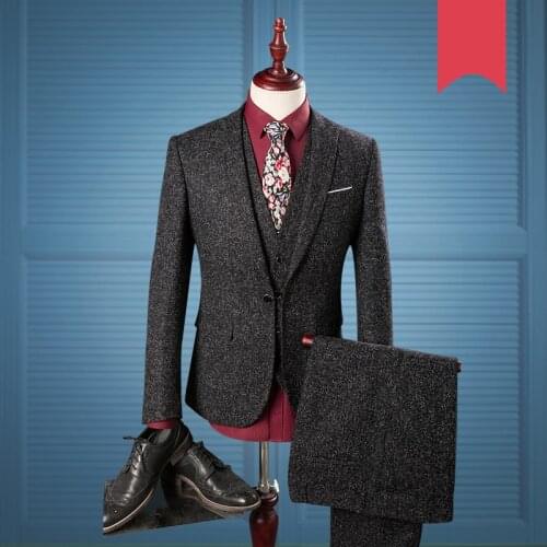 Gentleman 3 Pieces England Suit 2020 Suits For Men Black Checkered Tweed Tailored Wedding Mens Suit(Jacket+Vest+ Pants) 975