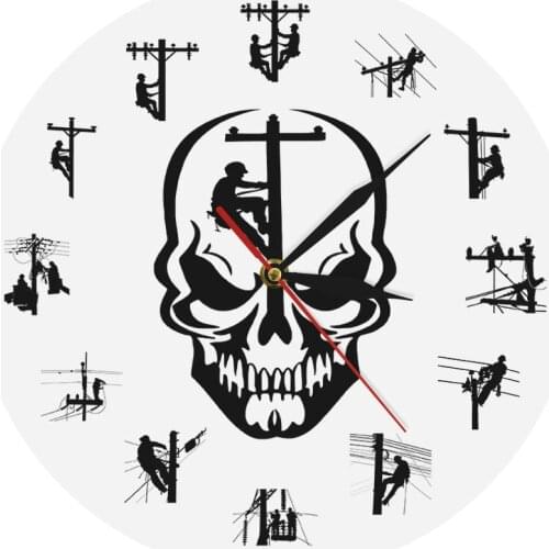 Linemen Worker Climbing Pole Restoring Power Silhouette Wall Clock Skull Decorative Clock Retired Journeyman Electrician Gift