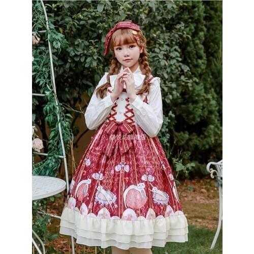 Sweet princess lolita strap dress vintage falbala high waist printing victorian dress kawaii girl gothic lolita cosplay loli