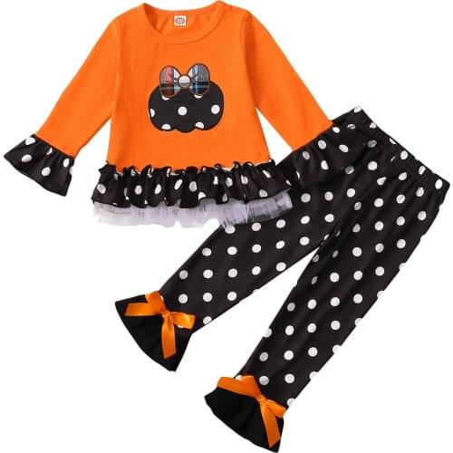 2021 0-6Y Cutel Kids Baby Girl Halloween Clothing Set Bow Pumpkin Print Tulle Ruffle Buttom Long Sleeve T-shirt+Dot Long Pants