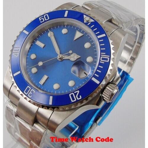 40mm Bliger Mechanical Automatic NH35 Movement Mens Wristwatch Blue sterile Dial Date Sapphire luminous marks ceramic bezel