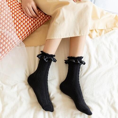 Spring and Autumn Trend Cute Lace Wooden Ear Socks Women Pure Cotton Fashion Breathable Three-dimensional Pattern Long Socks