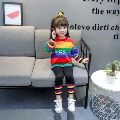 2021 New Spring and Autumn Toddler Girl Clothing Sets Children Clothes Kids Top With Rainbow+striped leggings Baby Clothes 2pcs