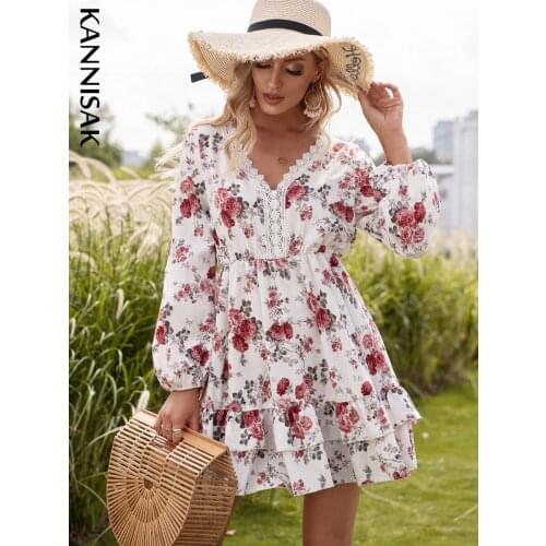 2021 New Spring Autumn Women Dresses Long Sleeve A-line Lace Patchwork Floral Print Dress V-neck Casual Mini Ladies Vestidos