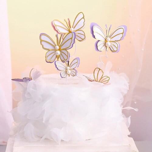 New Pearl Butterfly Birthday Cake Topper Pink Gold Pearl Butterfly Wedding Cake Toppers for Party Baby Shower Cake Dessert Decor