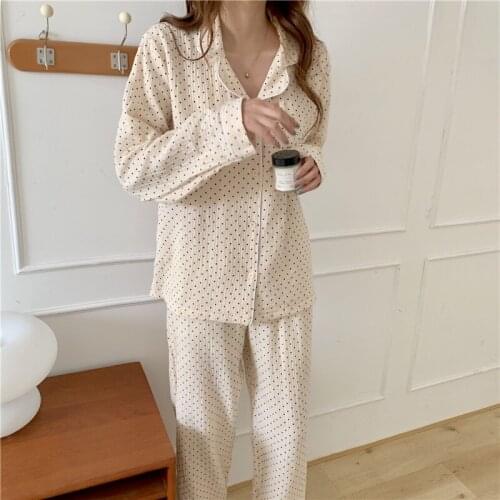 Polka Dot Autumn Home Suit Korean Cotton Linen Two Piece Pajamas Set Single Breasted Shirts + Trousers Set Pockets Yellow