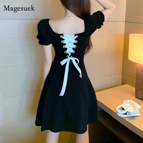 Korean Summer Dress Women 2021 Square Neck Sexy Backless Lace-up Dress Waist Slim Puff Short Sleeve A-line Tie Black Dress 14575