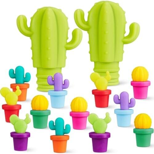 2 Sets Cactus Stopper Cactus Charms Wine Charms Set, Green Cactus Silicone Bottle Stopper Wine Stoppers ,Multi Color Glass Marke