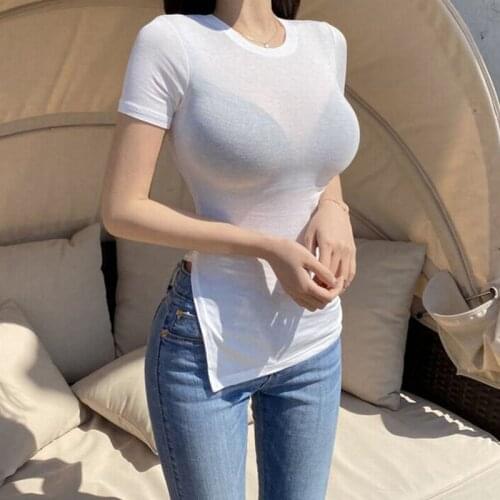 See-Through Sheath T-Shirt Women O-neck Short Sleeve T-shirts Tees Girls Solid Slim Irregular Split Tees Tops For Female