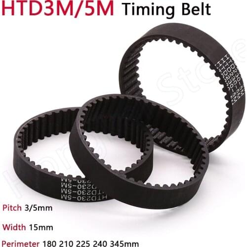HTD3M/5M Timing Belt Width 15mm Pitch 3/5mm Closed Loop Rubber Transmission Drive Belts Perimeter 180 210 225 240 345mm