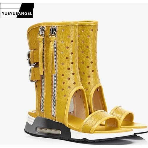 Rome Casual Open Toe Platform Sandals Boots Summer Beach Flat Sandals Hollow Out Tassel Genuine Leather Gladiator Sandals Female