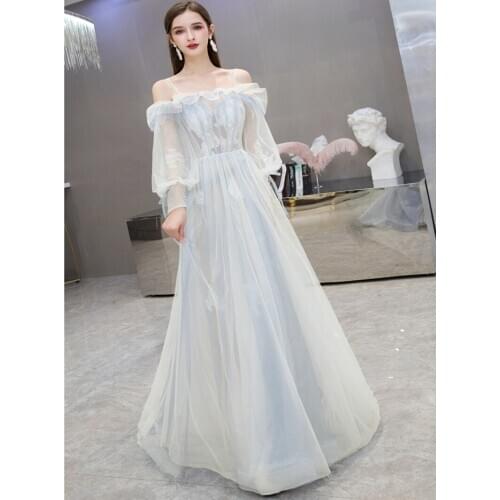 Sexy Evening Dress 2020 Light Blue Off Shoulder Ruffles Beading Crystal Evening Gowns Long Sleeves A-Line Formal Dress LE40727