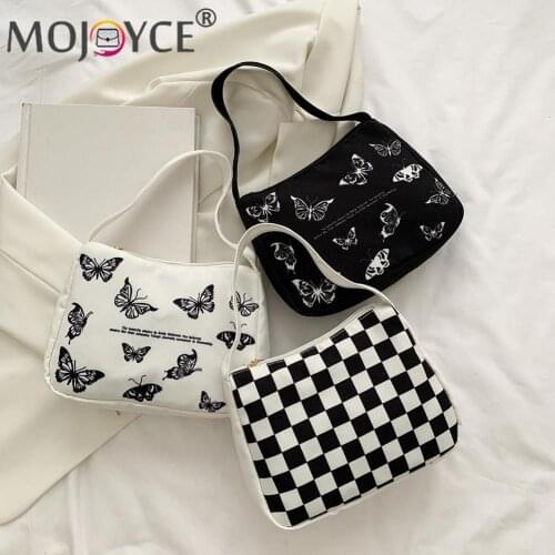 Fashion Women Chessboard Butterfly Printing Shoulder Underarm Bag Casual All-match Canvas Small Purse Portable Travel Handbags