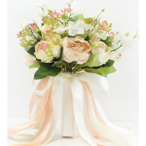 YO CHO Bridal Bouquet Flower Artificial Silk Peony Champagne White Flower Bouquet Handmade Peony Bridesmaids Wedding Bouquets
