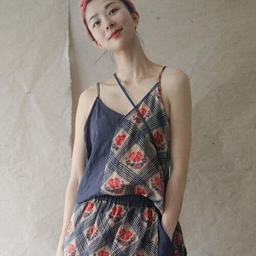 Johnature 2020 Summer New Fashion Retro Patchwork Print Bottoming All-match Short Suspenders Loose Simple Comfortable Women Tops