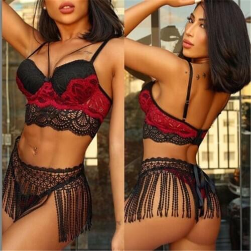 Women Lingerie Sets Sexy Lace Push Bra and Fringed Waistband G-sting Panty Three-piece Suit Sleepwear Exotic Pajamas Clothes