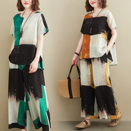 Cotton Linen Plus Size Vintage Summer Casual 2 Two Piece Set Loose Tee T Shirt Women Clothes Tops Nine Points Wide Leg Pants