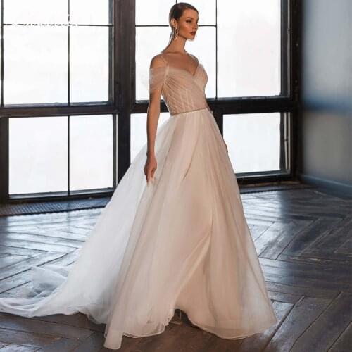 Lhuilier Womens V Neck A-line Tulle Wedding Dresses 2021 Floor Length Off the Shoulder Beaded Court Train Pleated Bridal Gowns