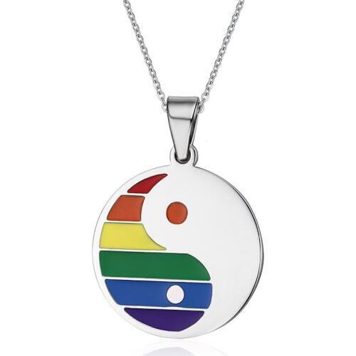 2017 New Ethnic Tai Chi Chain Necklace For Women Men Semi Rainbow Round Dog Tag Necklaces Pendents Titanium Steel LGBT Jewelry