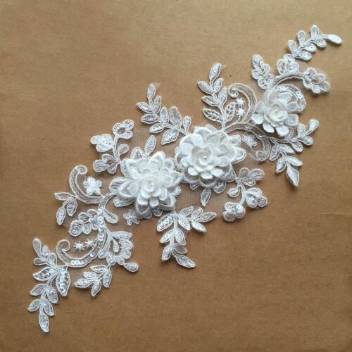 1Pair Beaded 3D Flower Applique Sequin Car Bone Lace Embroidery DIY Wedding Headwear RS1823