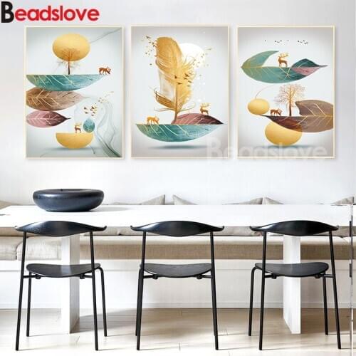 5d Diamond Paintings 3 Panel Abstract Art Golden Feather Deer Green Leaf For Living Room Triptych diamond mosaic crafts