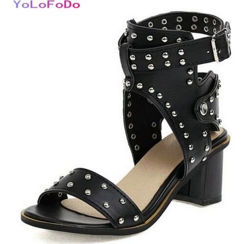 Plus Size 34-44 Women Sandals PU Leather Women Square Heel Shoes Open Toe Dress Summer High Heel Shoes Fashion Rivet Buckle Shoe
