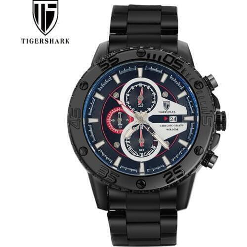 TIGERSHARK Mens Watches Chronograph Stainless Steel Sports Watch Luminous 30M Waterproof Top Brand Clock Relogio Masculino