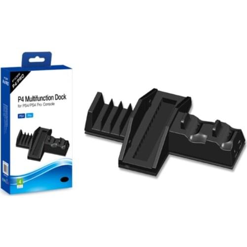 E56B Multifunctional Charger Dock Stand with Cooling Fan & 4 Dsics Storage Rack Controller Charging Holder for PS4/PS4 Pro