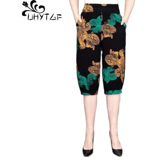 UHYTGF 2021 Elastic High Waist Sweatpants Printed Cotton Silk Thin 5XL Plus Size Trousers Womens Pocket Casual Summer Pants1708