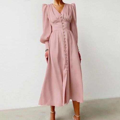 Elegant A-Line Shirt Dress Fashion Beige Slim V Neck Long Dresses Woman Latern Sleeve Button Autumn Winter Vestidos FT39