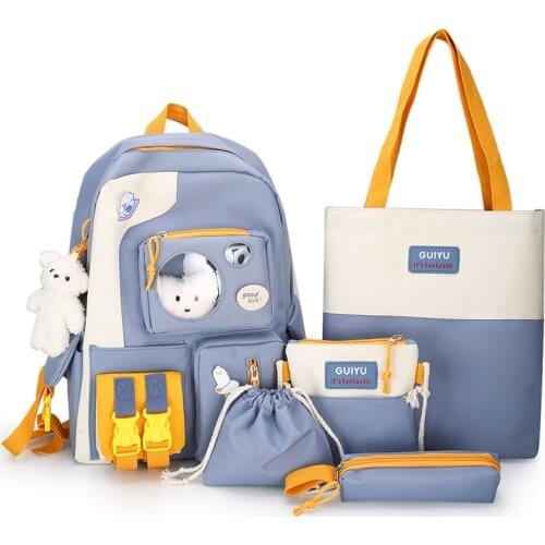 Cute Cartoon 5-piece Canvas Large Capacity School Bag 2021 Fashion Girls Orthopedic Schoolbag With Cute Backpack Mochila