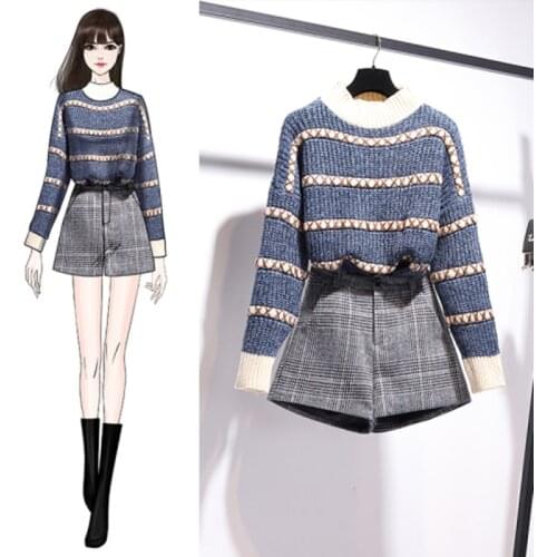 Autumn Winter Pullover Knitted Top Plaid Skirt 2pcs Sets Striped Long Sleeve Sweater+High Waist Plaid Shorts Two piece Sets