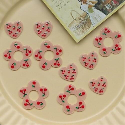 Summer style 50pcs/lot Cherry pattern print cartoon flowers/hearts shape acrylic beads diy jewelry earring/garment accessory