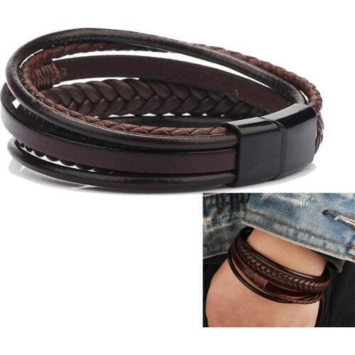 Multilayer Leather Bracelet Men Magnetic-Clasp Bangles For Men Cowhide Braided Multi Layer Wrap Bracelet pulseras para hombre