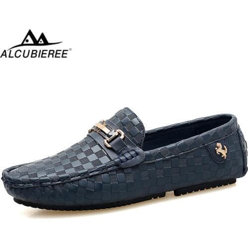 ALCUBIEREE Mens Plaid Embossing Leather Loafers Mens Luxury Italian Handmade Moccasins Man Casual Slip-on Flats Driving Shoes