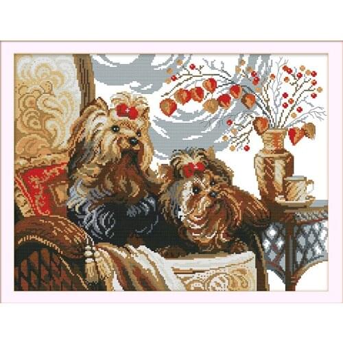 Two dogs (2) cross stitch kit 14ct 11ct pre stamped canvas cross stitching animal embroidery DIY handmade needlework