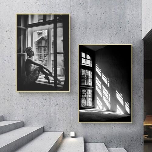 Black White Ballet Girl Window Wall Art Canvas Art Painting Vintage Posters and Prints Wall Pictures for Living Room Home Decor