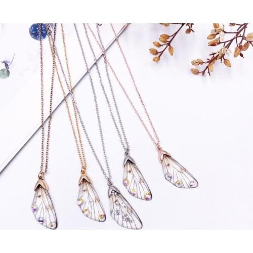Minar Fantasy Rainbow Gradient Resin Butterfly Pendant Necklace for Women Shiny Rhinestones Sequins Cicada Wings Necklaces Gift