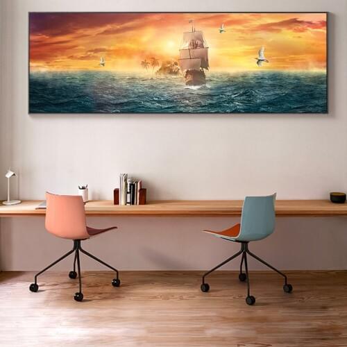 Sailing Ship On The Sea Canvas Paintings On the Wall Art Posters And Prints Sunset of Sea Canvas Pictures For Bed Room Cuadros