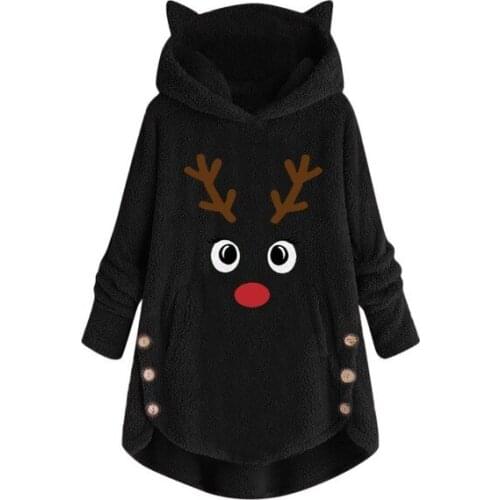 Women Autumn Winter Cartoon Print Cat Ears Hooded Soft Plush Long Sleeve Button Pullover Christmas Casual Tops Plus Size Clothes
